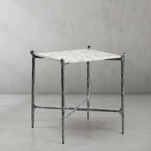 Hand-Forged Metal Square Marble Side Table