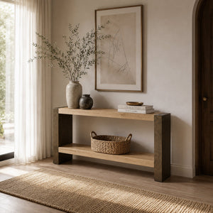 Tellurian Oak Console Table with Oxidized Steel Legs Rustic Living Room Furniture