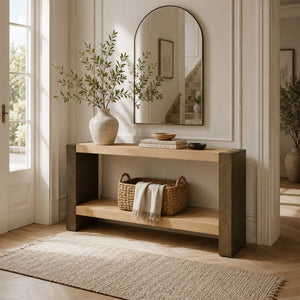 Tellurian Oak Console Table with Oxidized Steel Legs Rustic Living Room Furniture
