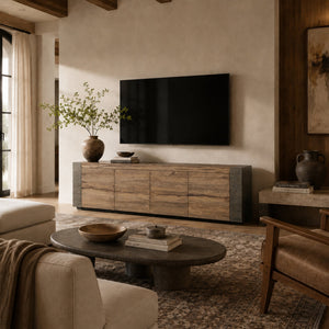 Tellurian Media Console Oak with Oxidized Steel Rustic Living Furniture
