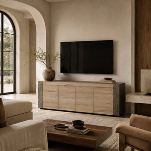 Tellurian Media Console Oak with Oxidized Steel Rustic Living Furniture