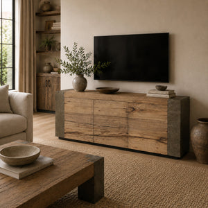 Tellurian Media Console Oak with Oxidized Steel Rustic Living Furniture