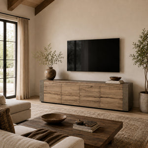 Tellurian Media Console Oak with Oxidized Steel Rustic Living Furniture