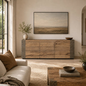 Tellurian Media Console Oak with Oxidized Steel Rustic Living Furniture