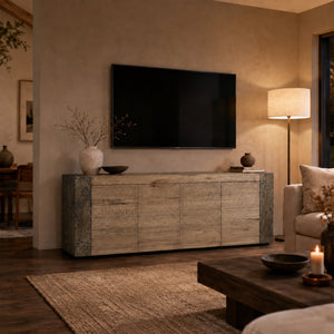 Tellurian Media Console Oak with Oxidized Steel Rustic Living Furniture