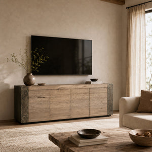 Tellurian Media Console Oak with Oxidized Steel Rustic Living Furniture