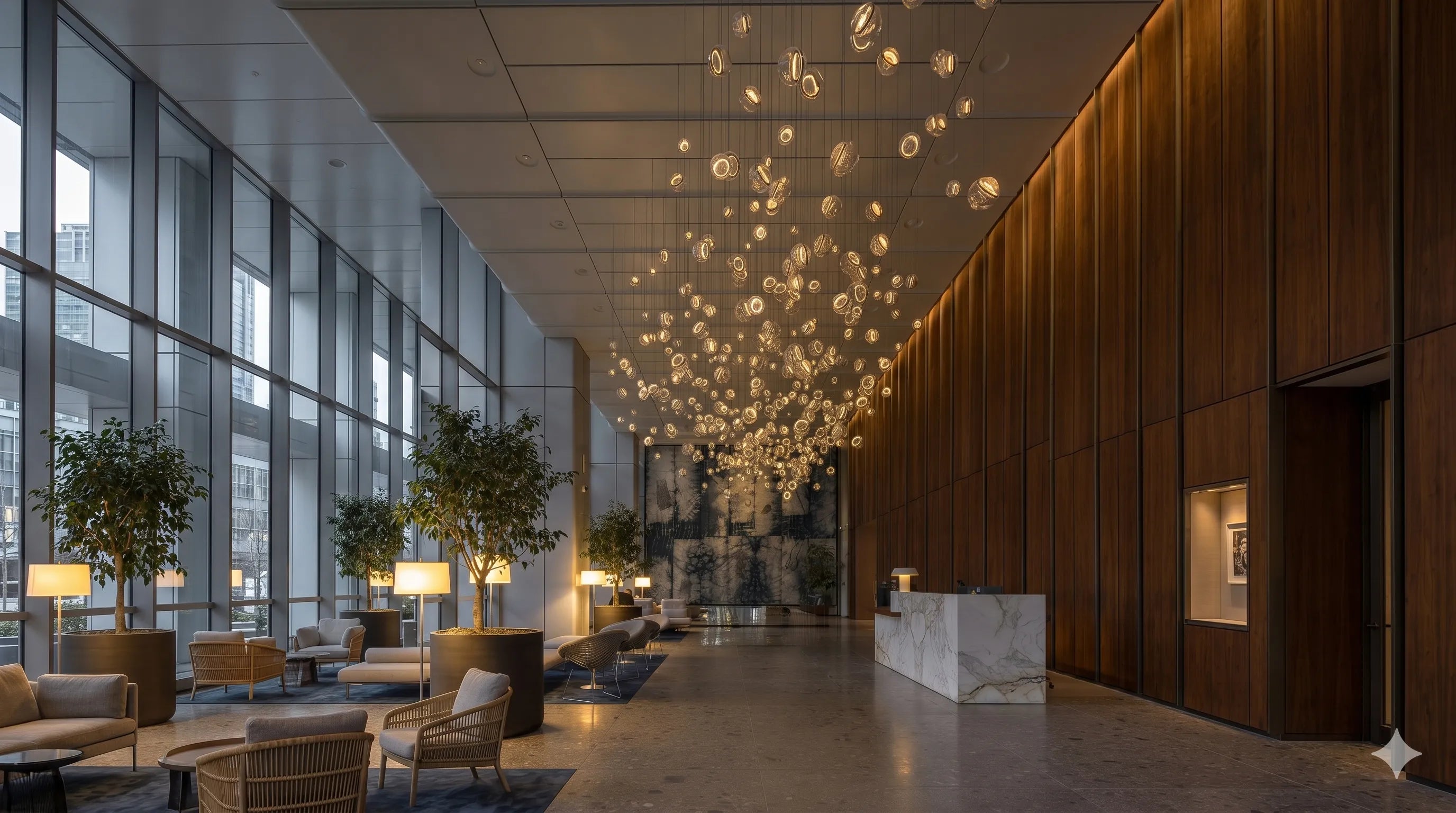 Floating Glass Lighting Installation for Hotel Lobbies