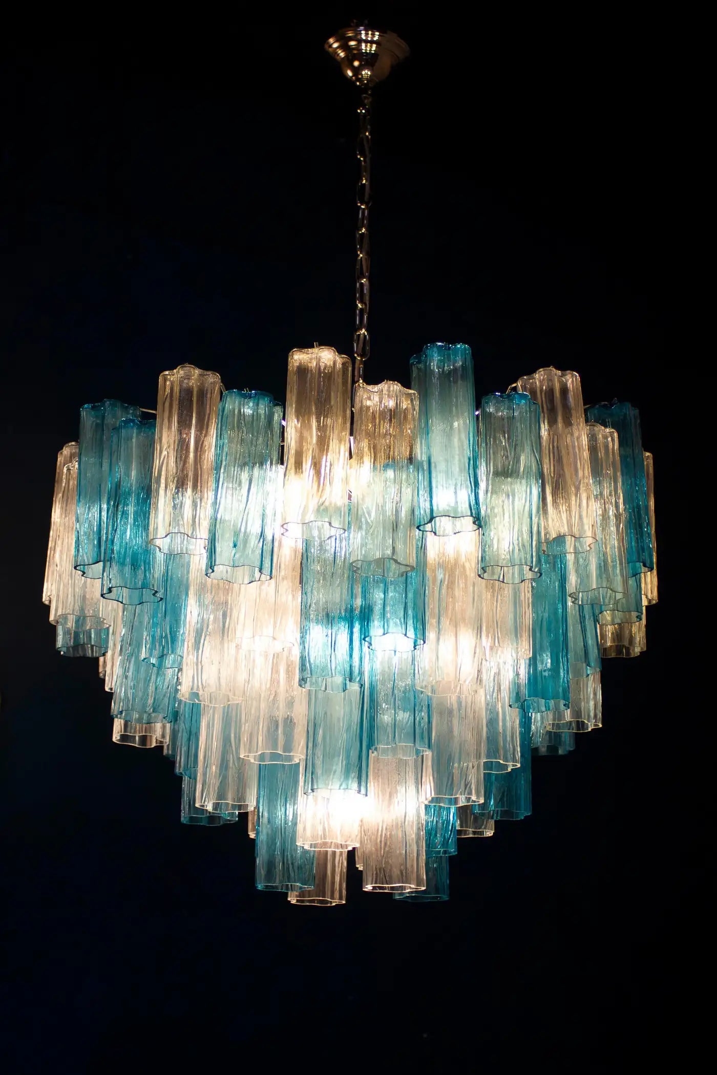Midcentury Blue and Clear Murano Glass Tronchi Chandelier