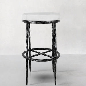 Hand-Forged Metal Backless Fabric Swivel Stool