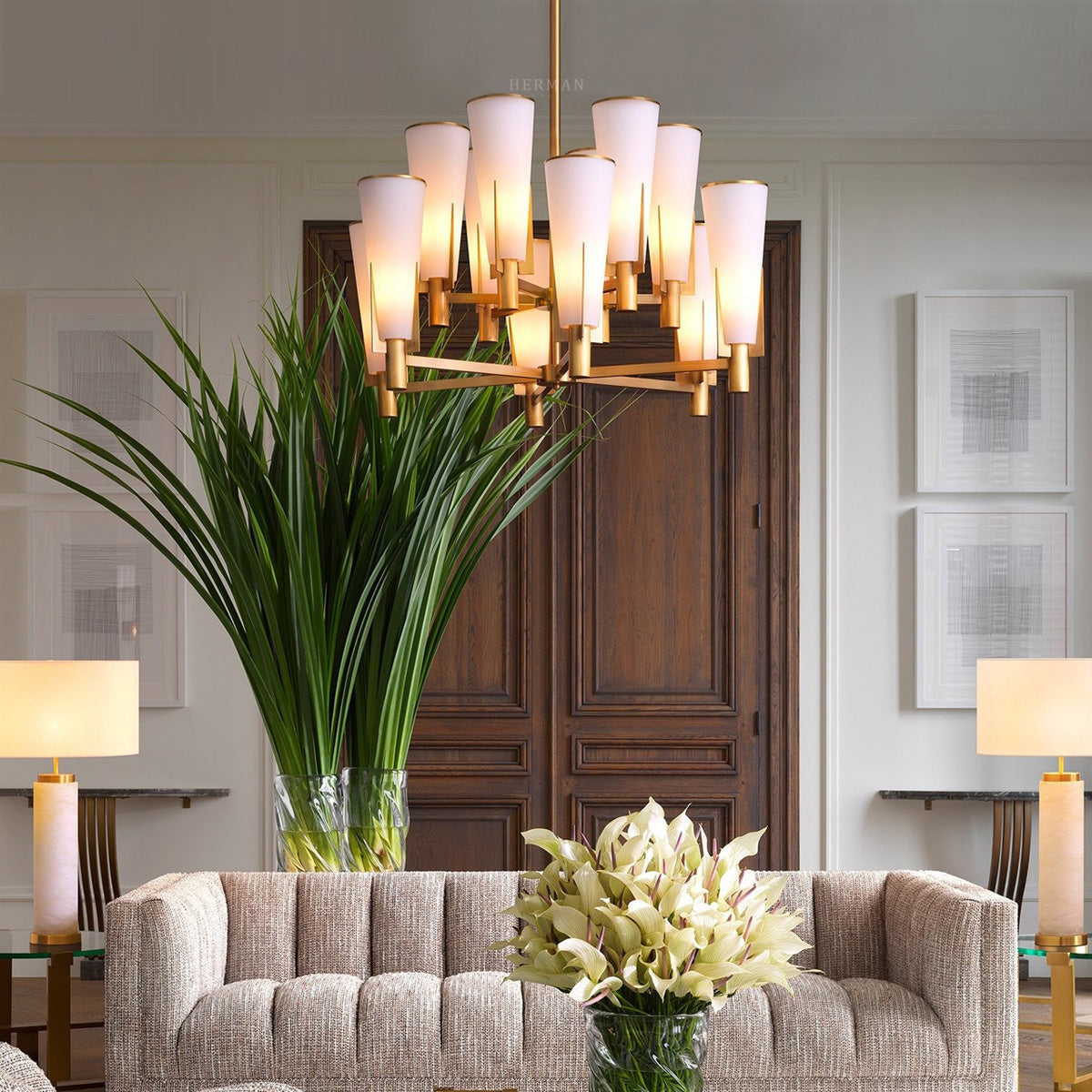 Dino Double Modern Brass Chandelier - (Antique Brass Finish/White Glass)