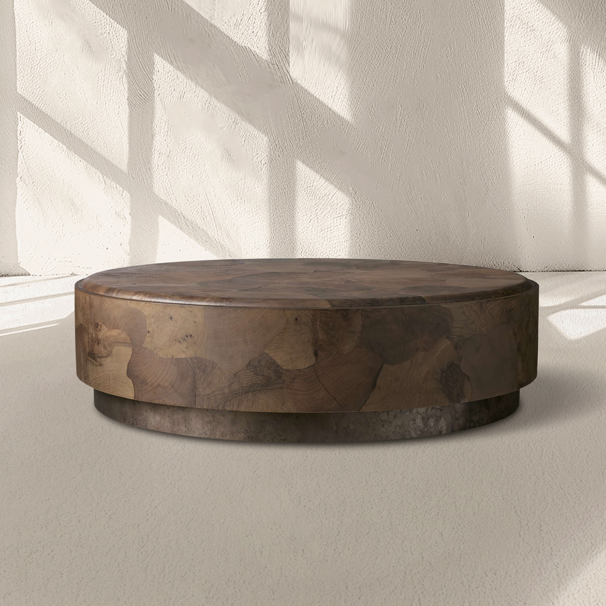 Loranco Wood Round Plinth Coffee Table Wabi-Sabi Living Room Center Ash Tea Table
