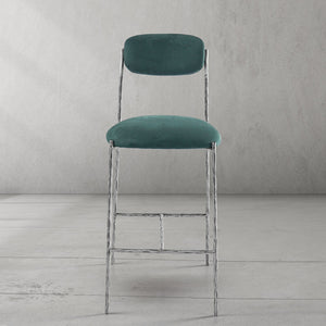 Hand-Forged Metal Green Fabric Bar Stool