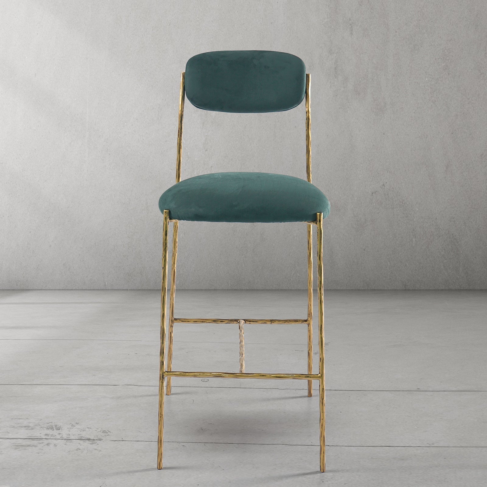 Hand-Forged Metal Green Fabric Bar Stool