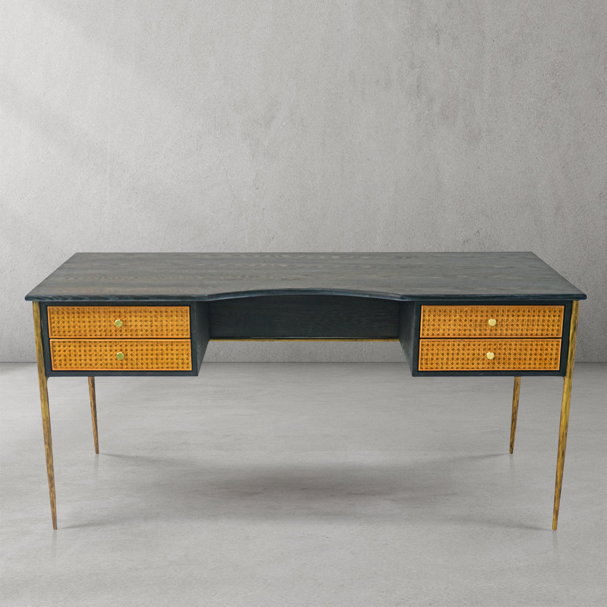 Thaddies Retro Brass Iron Frame Rattan Desk-Vancei