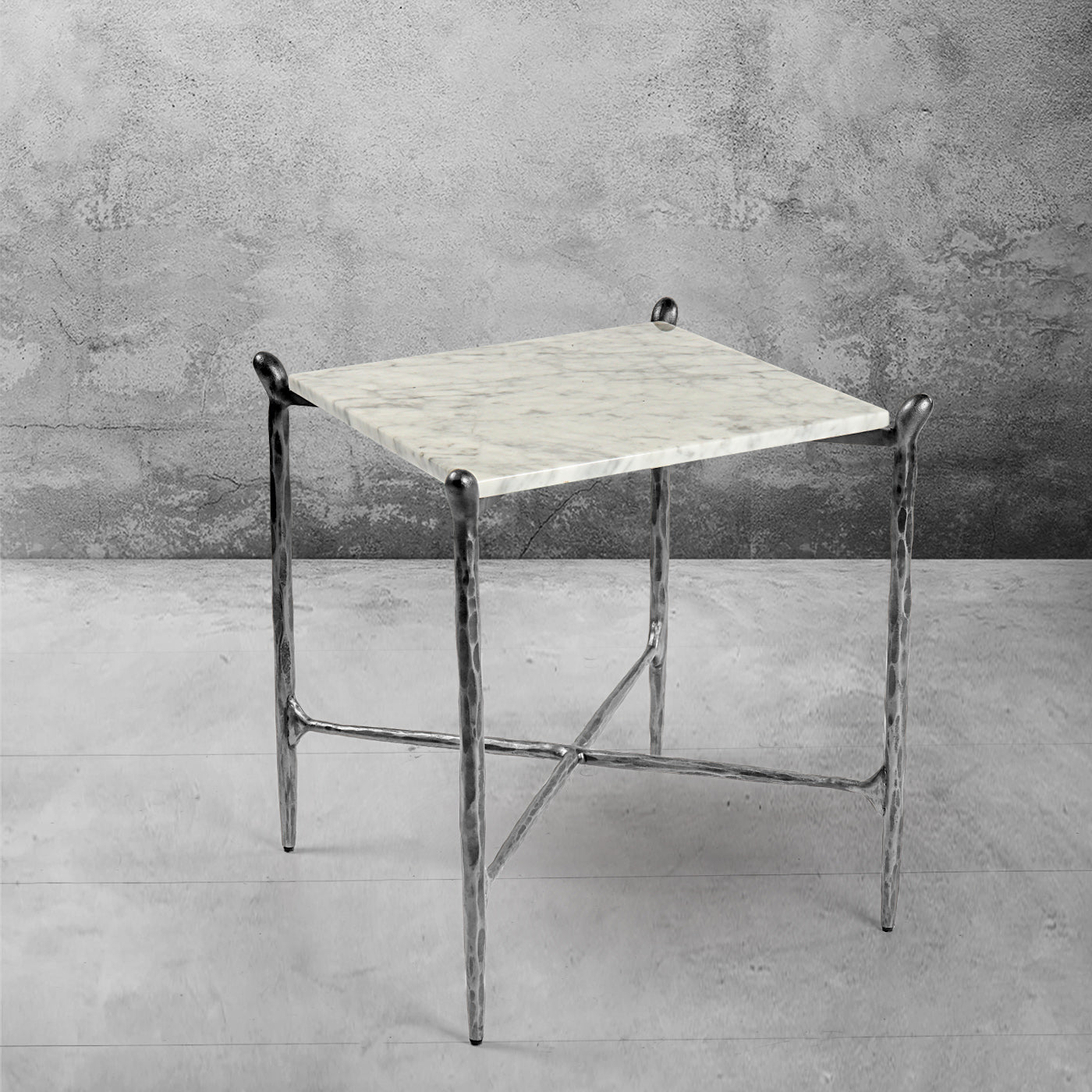 Hand-Forged Metal Square Marble Side Table