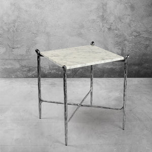 Hand-Forged Metal Square Marble Side Table