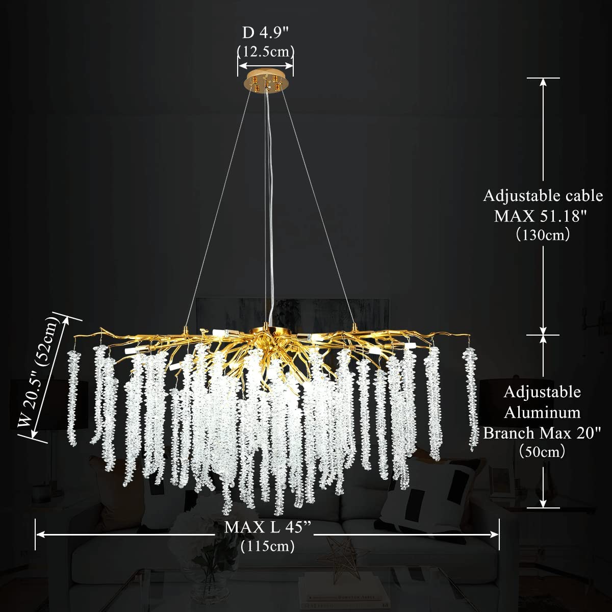 Doris White Crystal Branch Round Chandelier D20.5" L45"-Vancei