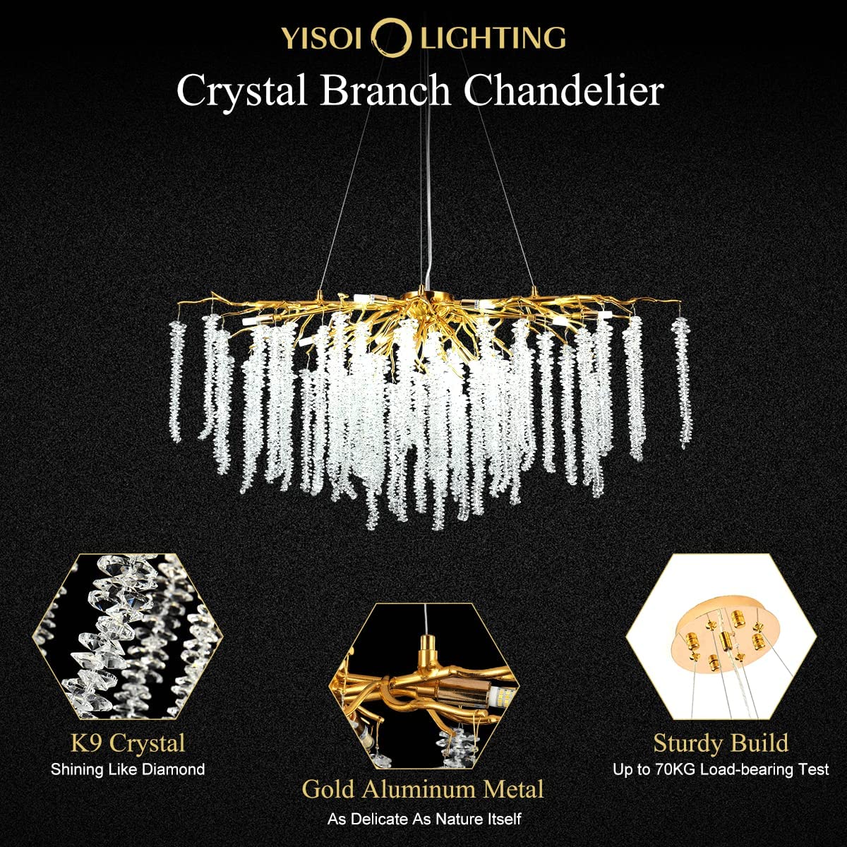 Doris White Crystal Rectangle Branch Chandelier Gold 45"L-Vancei