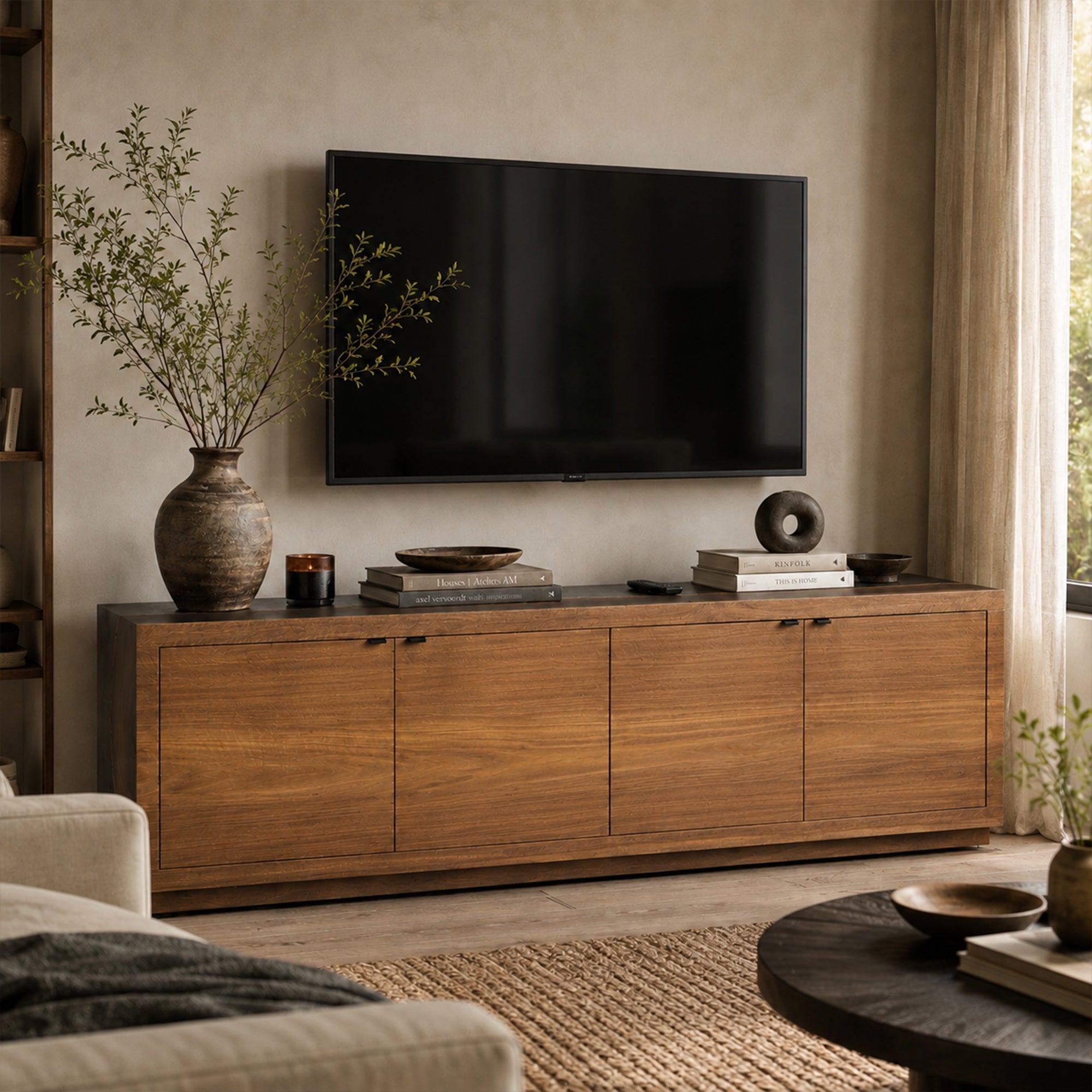 Calacius Industrial Media Console Oxidized Steel Reclaimed Wood Living