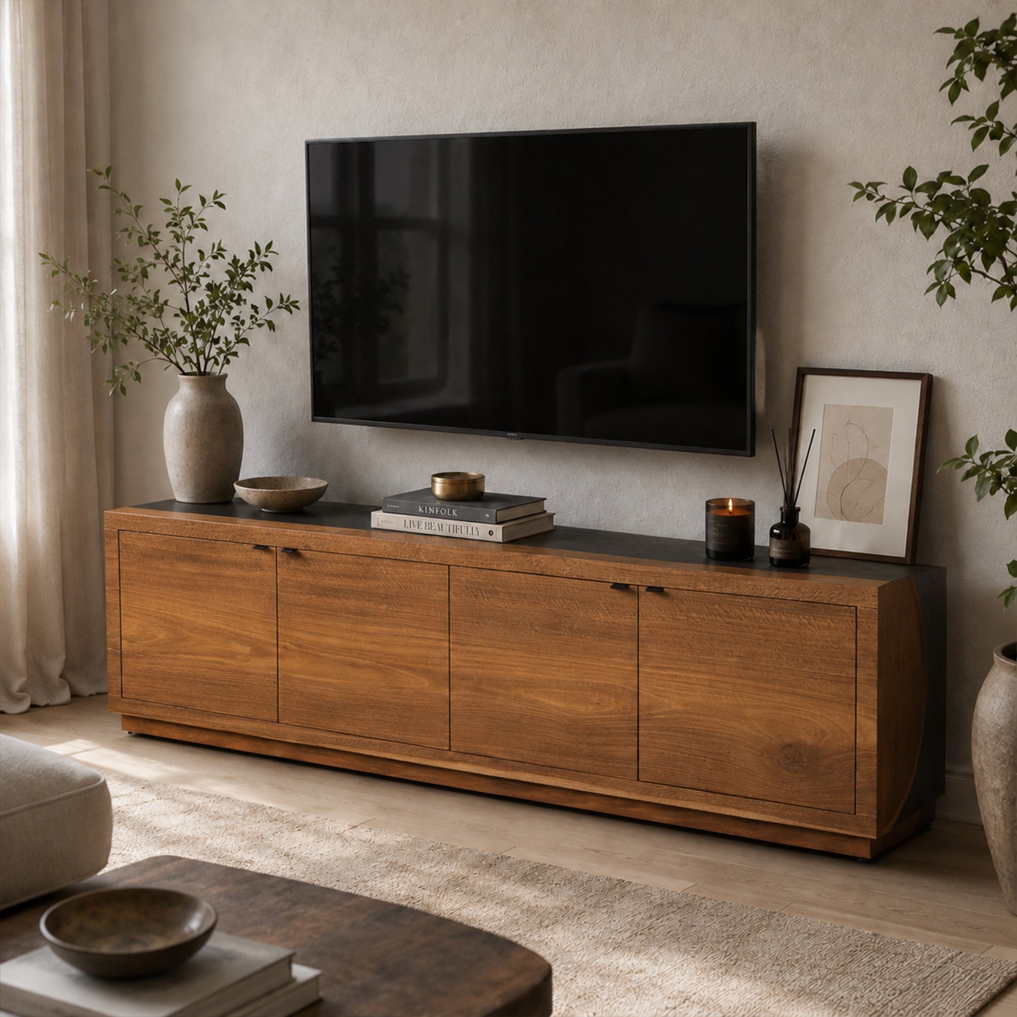 Calacius Industrial Media Console Oxidized Steel Reclaimed Wood Living