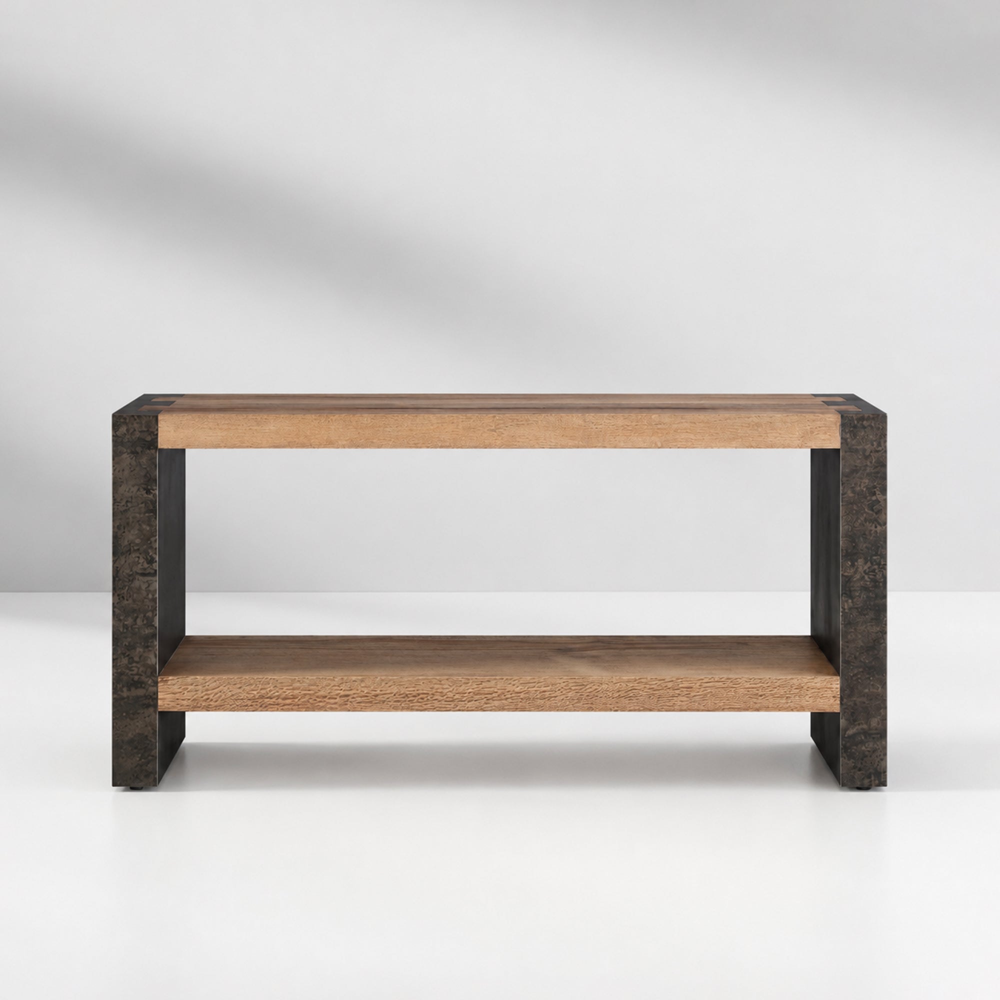 Tellurian Oak Console Table with Oxidized Steel Legs Rustic Living Room Furniture