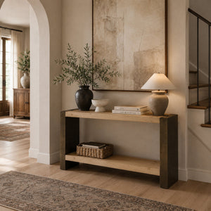 Tellurian Oak Console Table with Oxidized Steel Legs Rustic Living Room Furniture