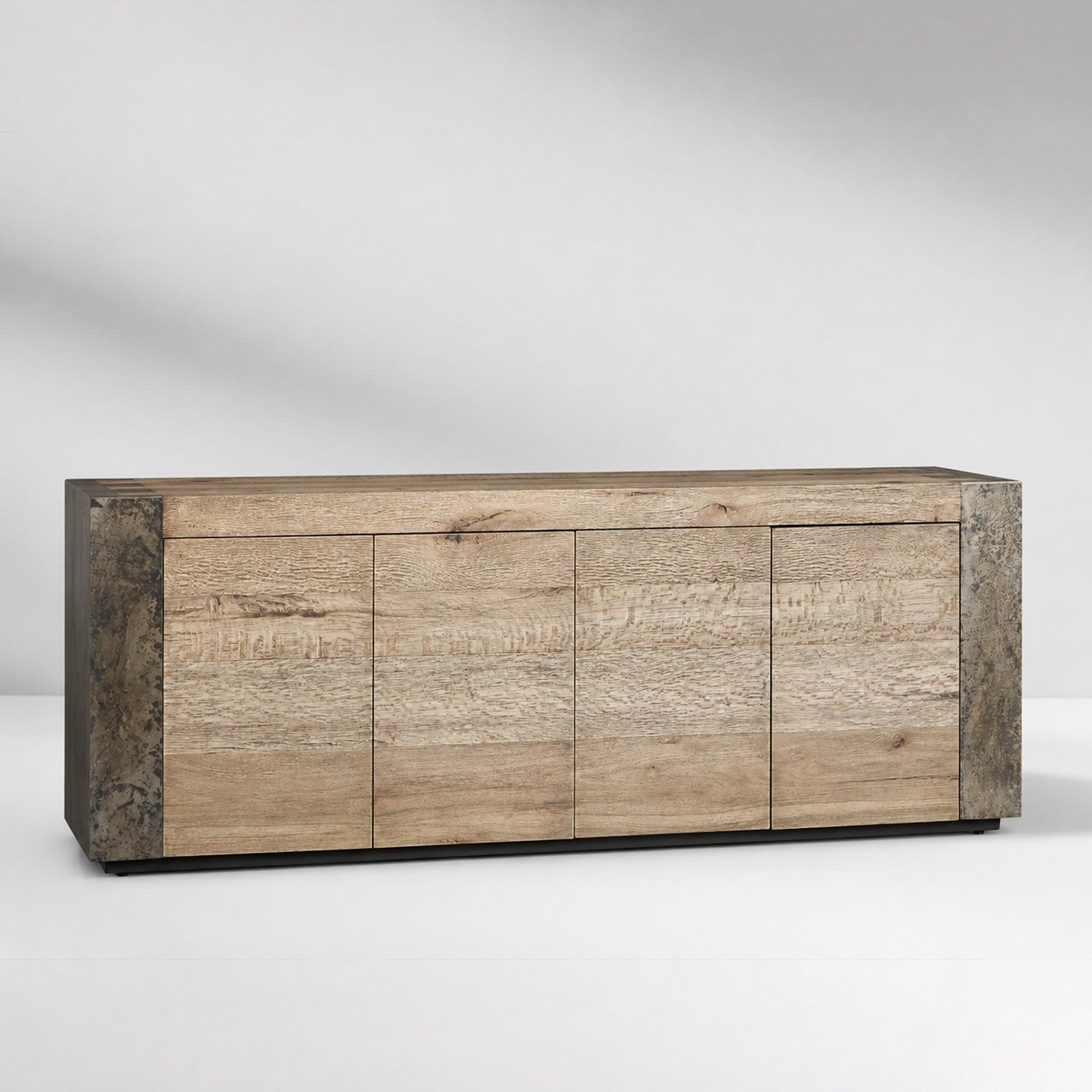 Tellurian Media Console Oak with Oxidized Steel Rustic Living Furniture