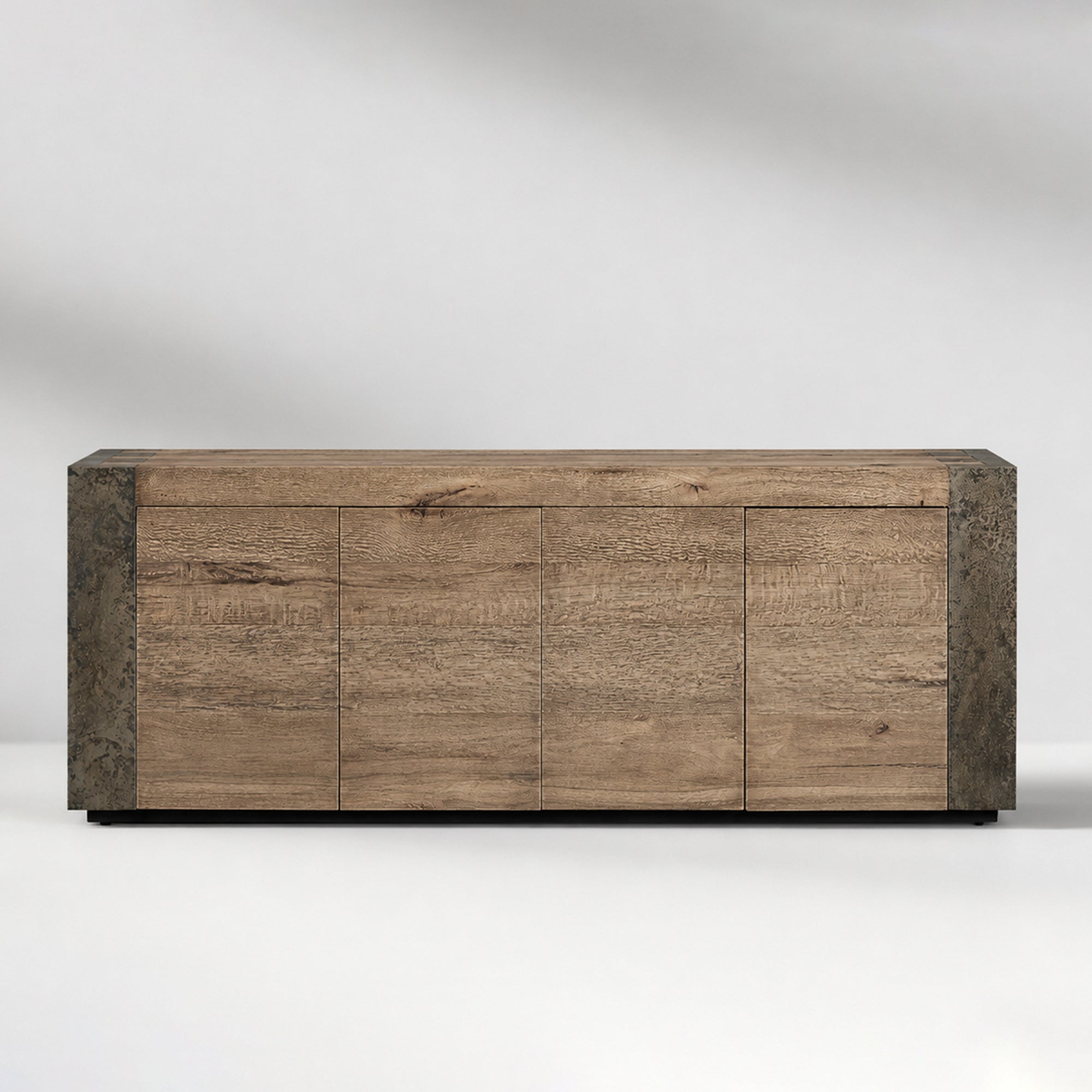 Tellurian Media Console Oak with Oxidized Steel Rustic Living Furniture