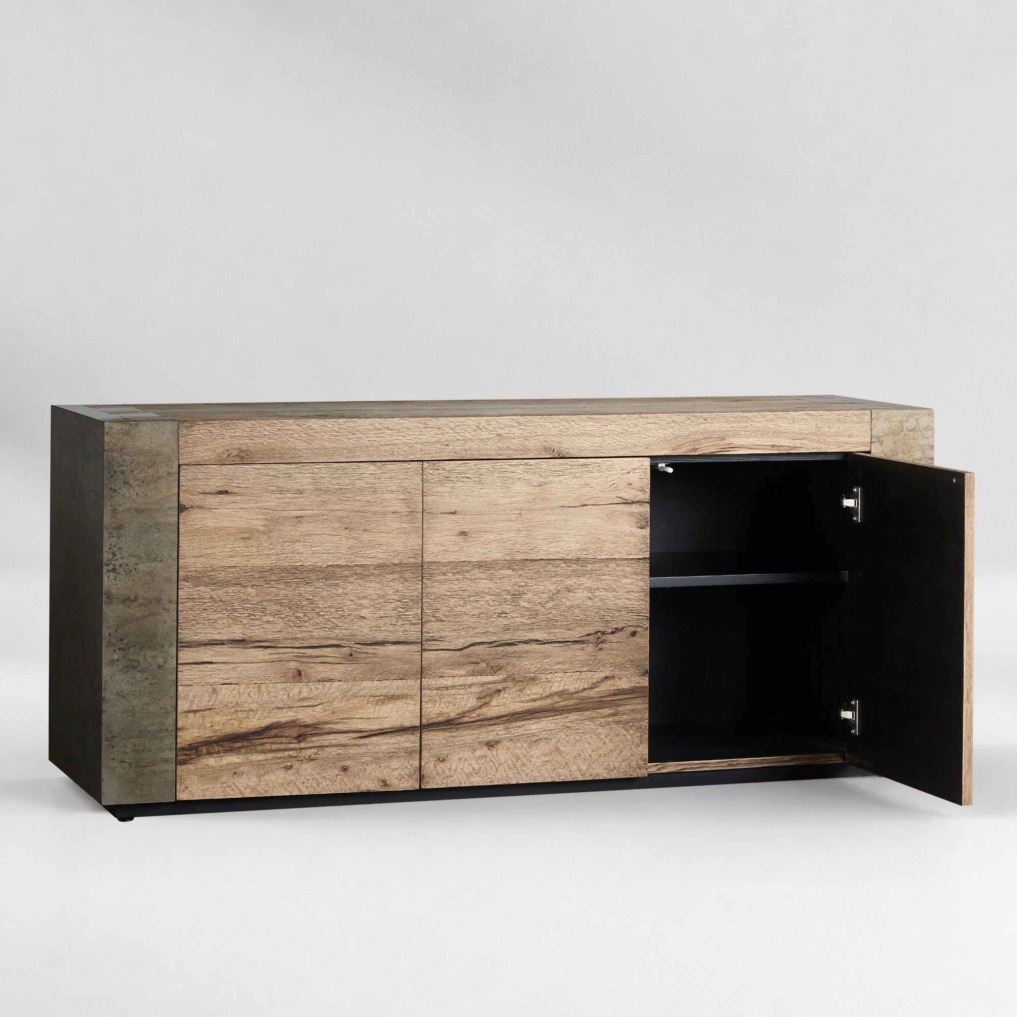 Tellurian Media Console Oak with Oxidized Steel Rustic Living Furniture