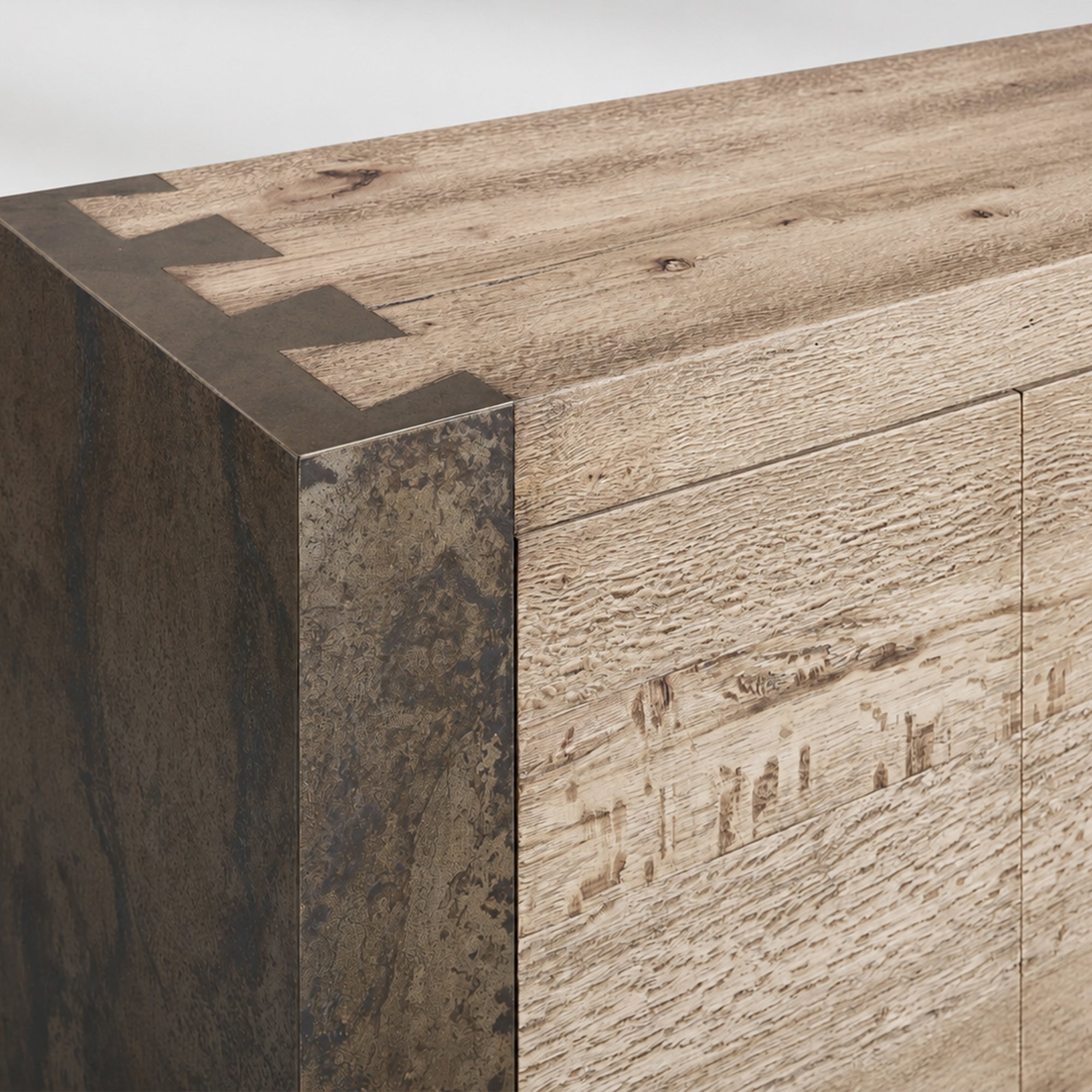 Tellurian Media Console Oak with Oxidized Steel Rustic Living Furniture