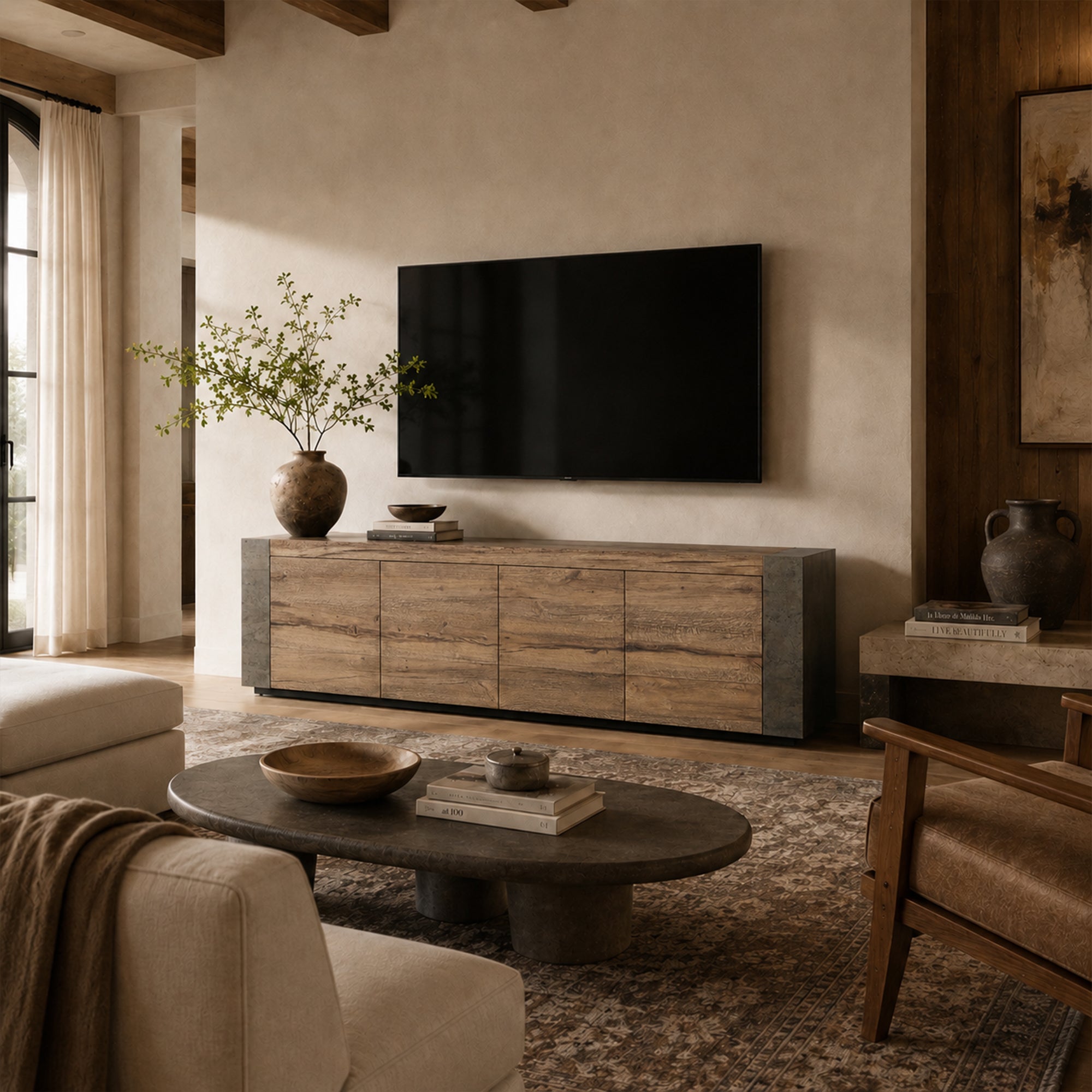 Tellurian Media Console Oak with Oxidized Steel Rustic Living Furniture