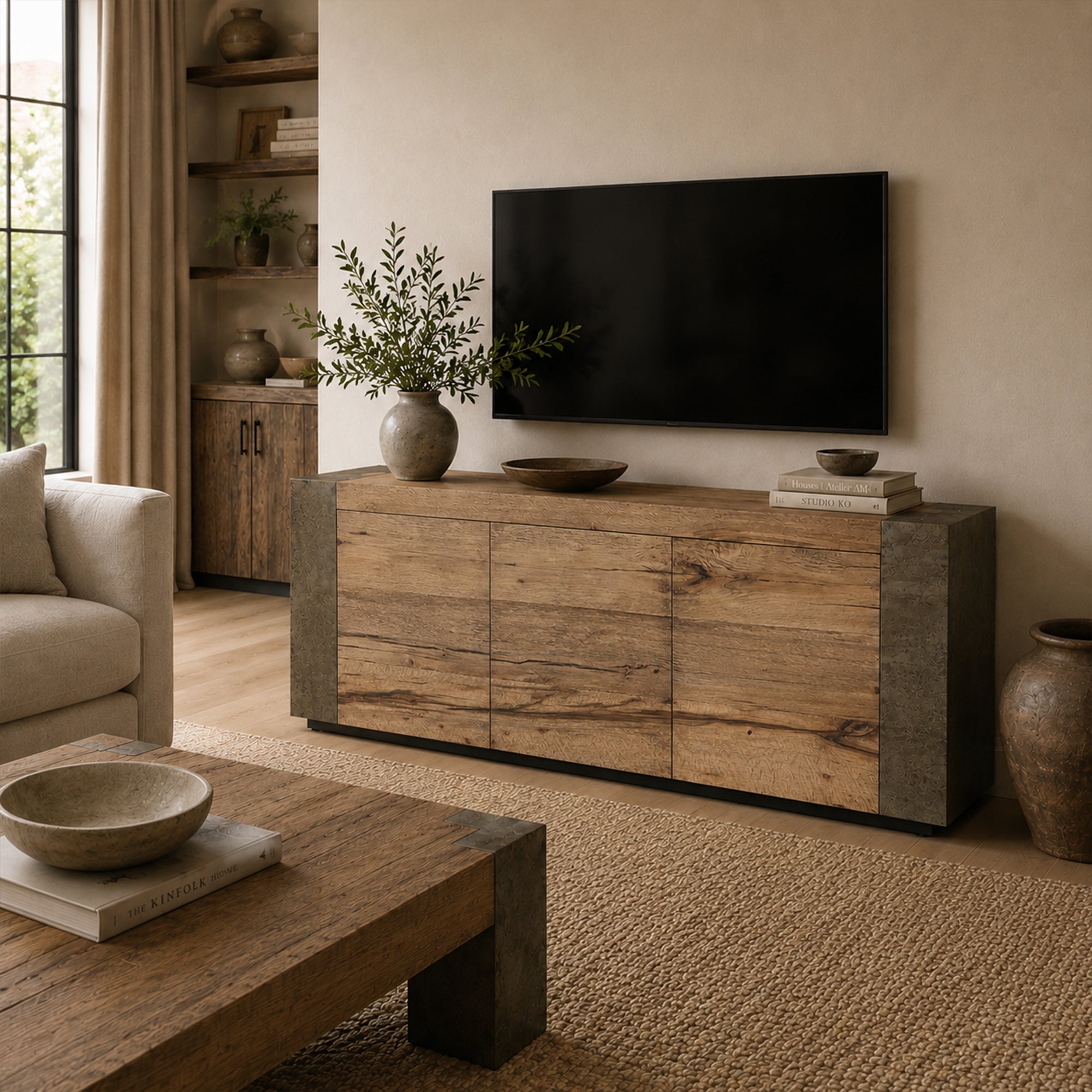 Tellurian Media Console Oak with Oxidized Steel Rustic Living Furniture