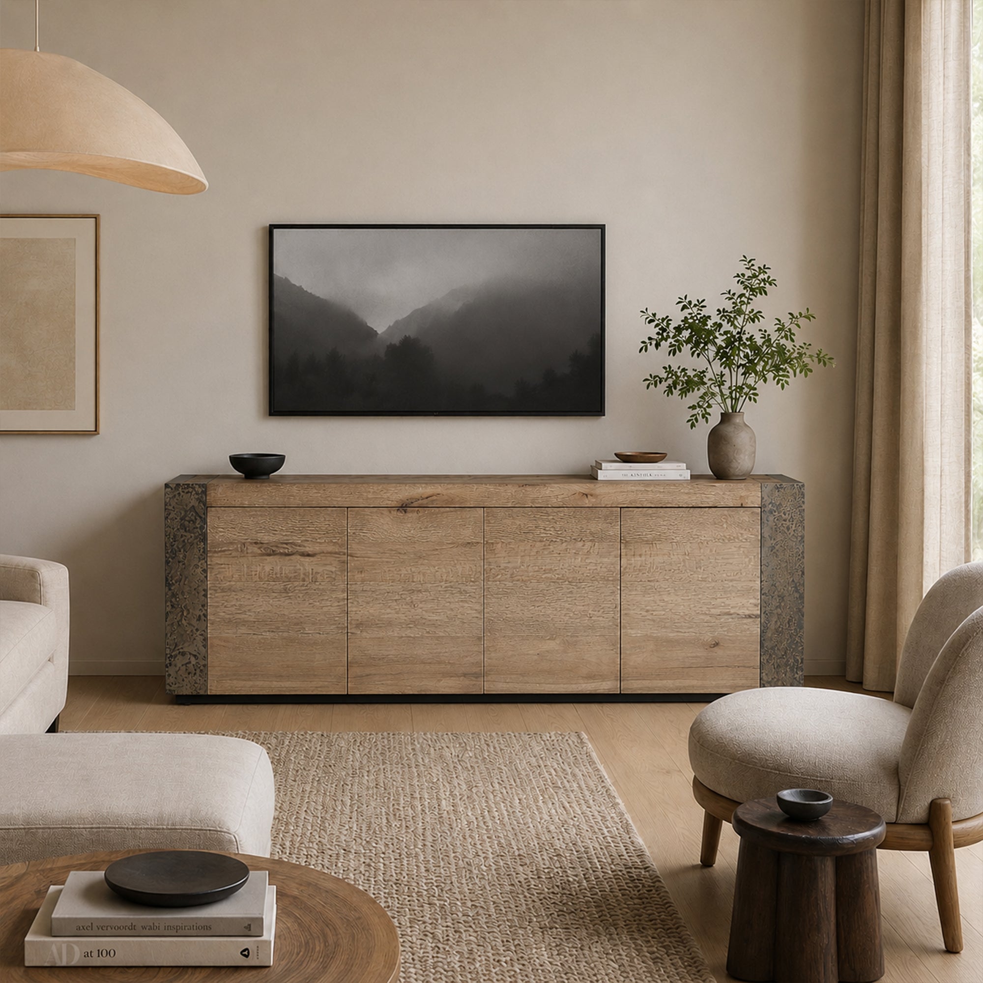 Tellurian Media Console Oak with Oxidized Steel Rustic Living Furniture