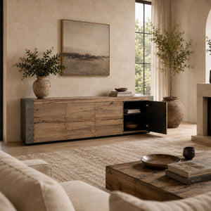 Tellurian Media Console Oak with Oxidized Steel Rustic Living Furniture