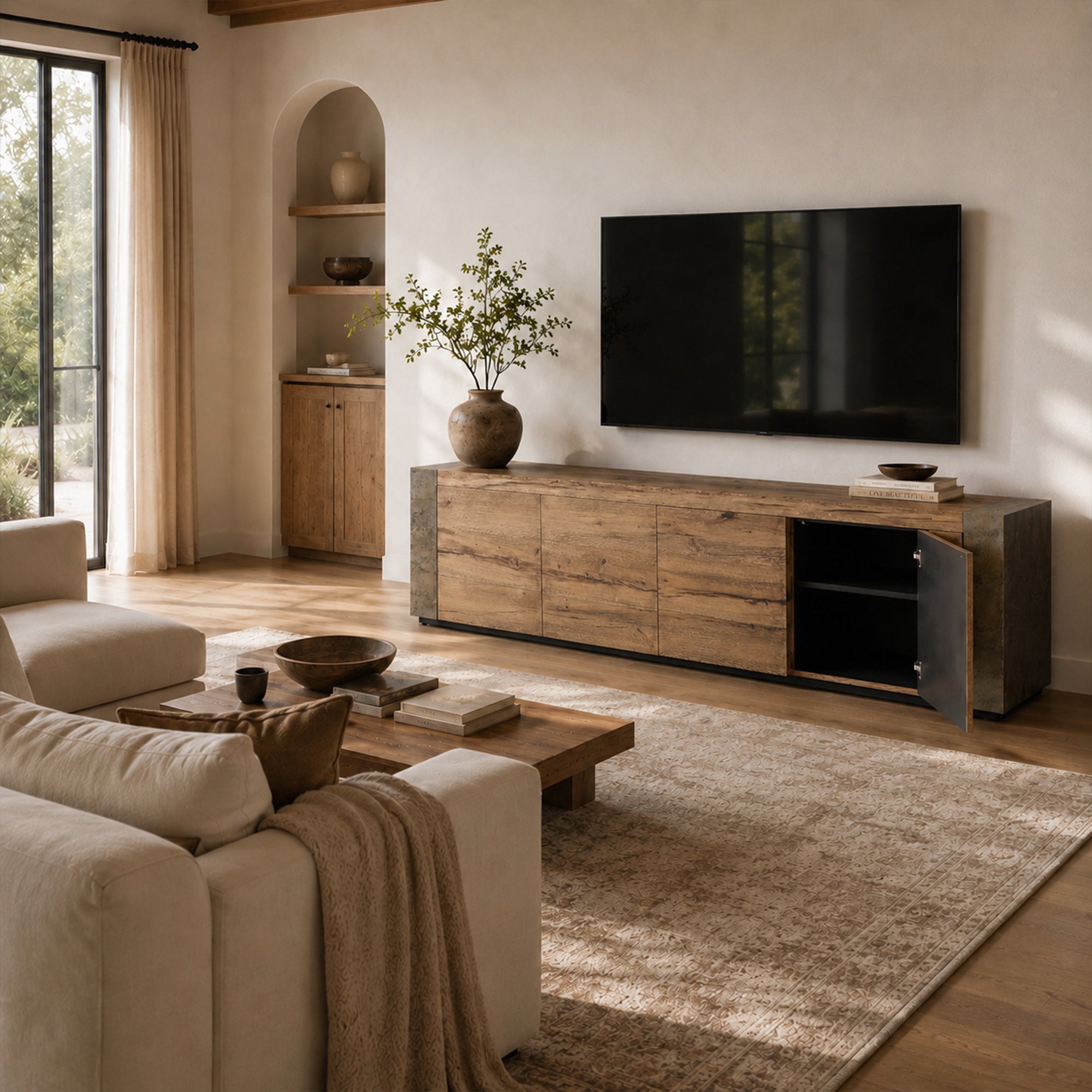 Tellurian Media Console Oak with Oxidized Steel Rustic Living Furniture