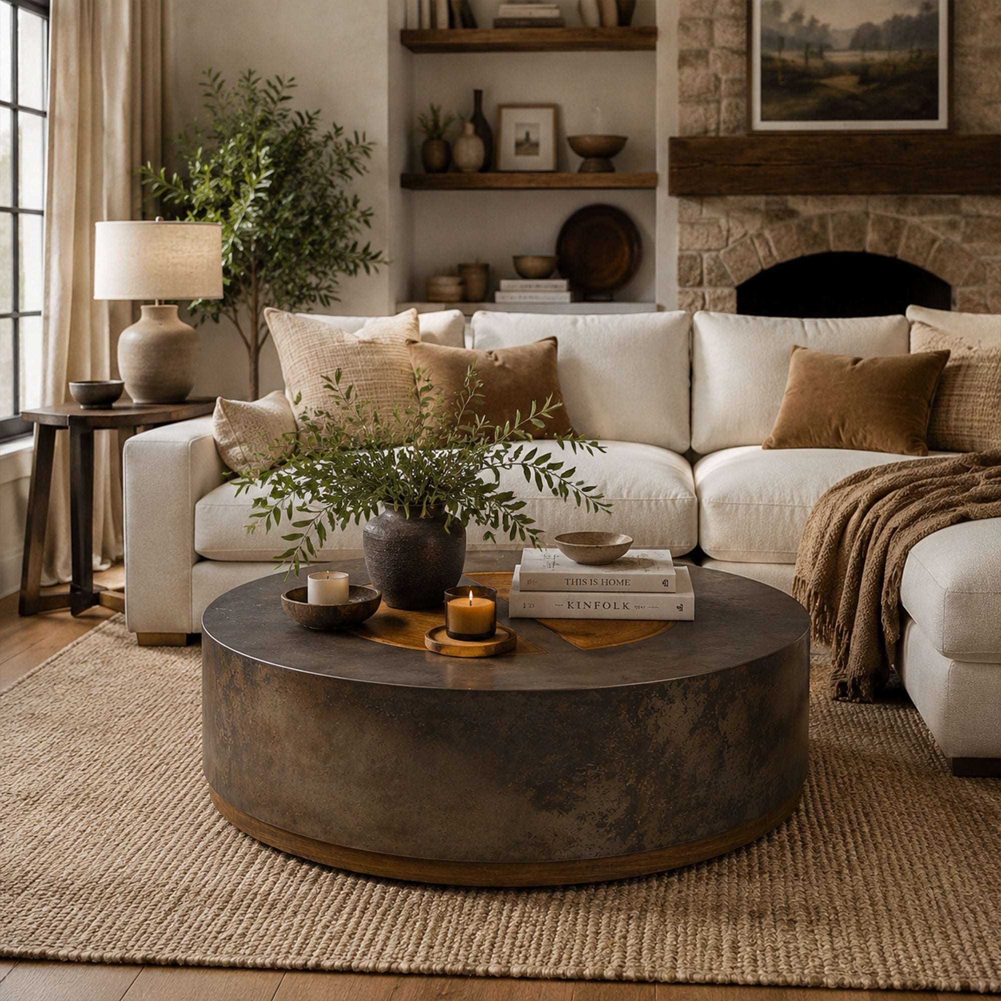 Calacius Round Coffee Table Yukas Wood Cocktail Table Sofa Industrial Center Tea Table