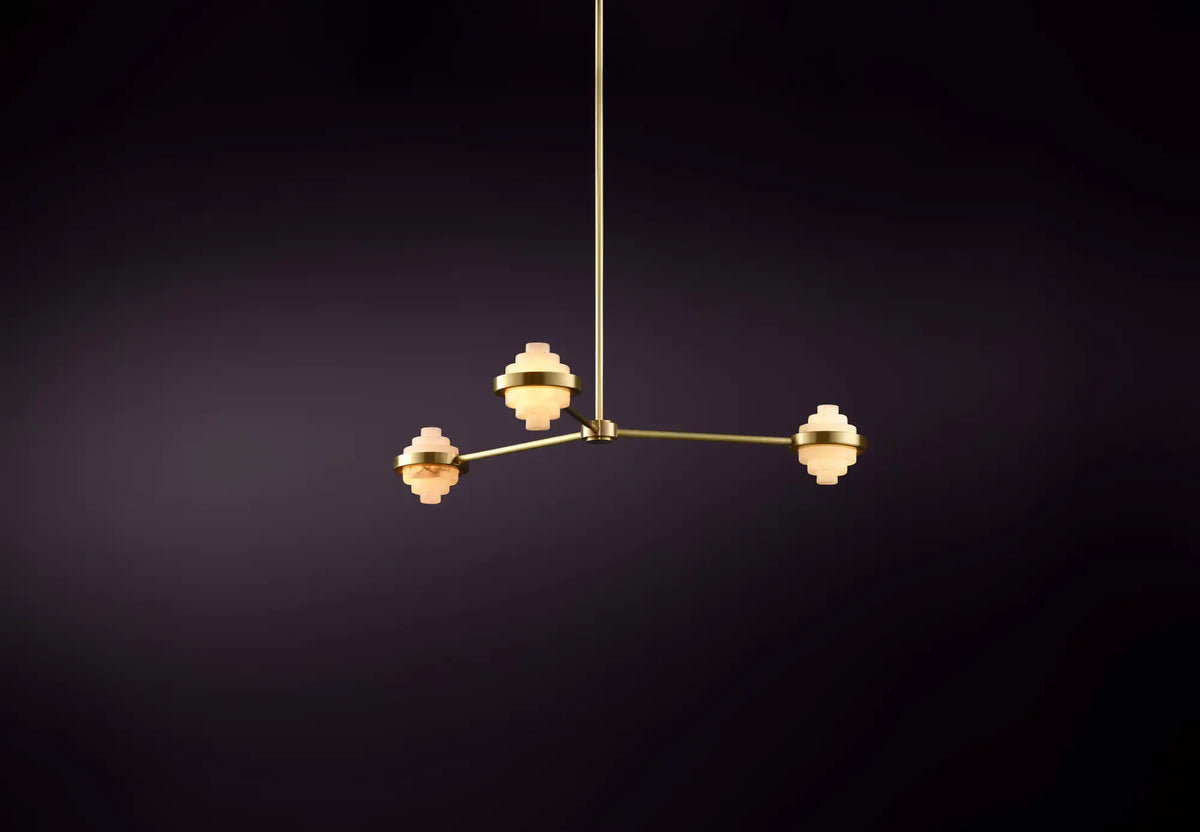 Iris Three Arms Linear Brass and Alabaster Pendant Light
