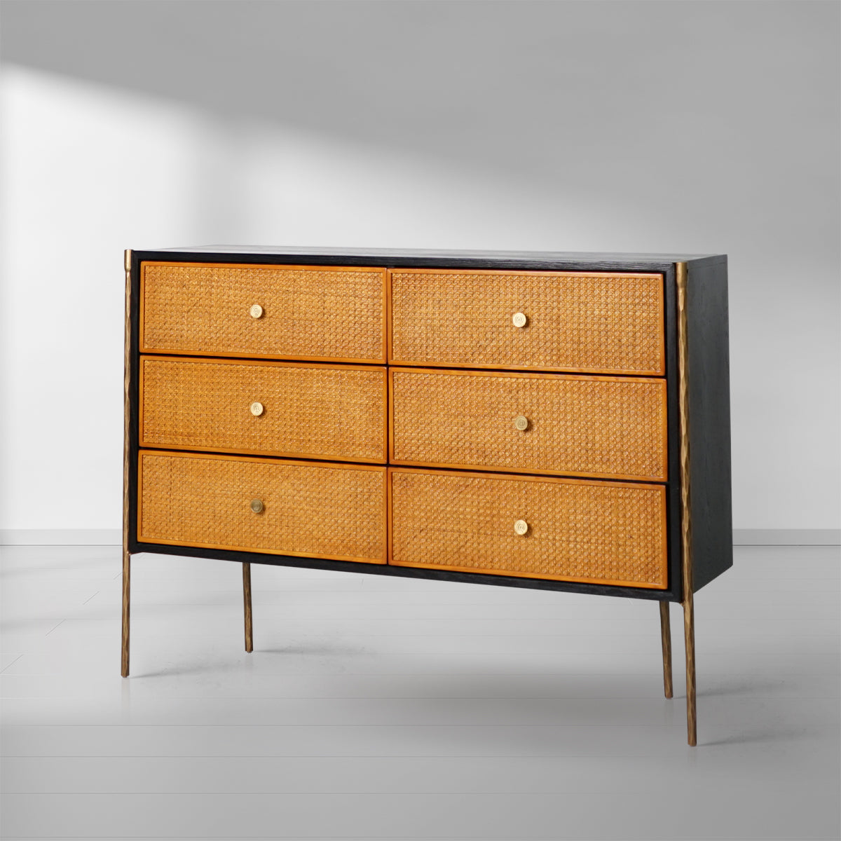 Thaddies Metal Frame Rattan 6-Drawer Side Cabinet-Vancei