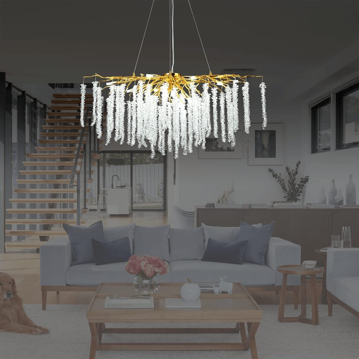 Doris White Crystal Rectangle Branch Chandelier Gold 45"L-Vancei