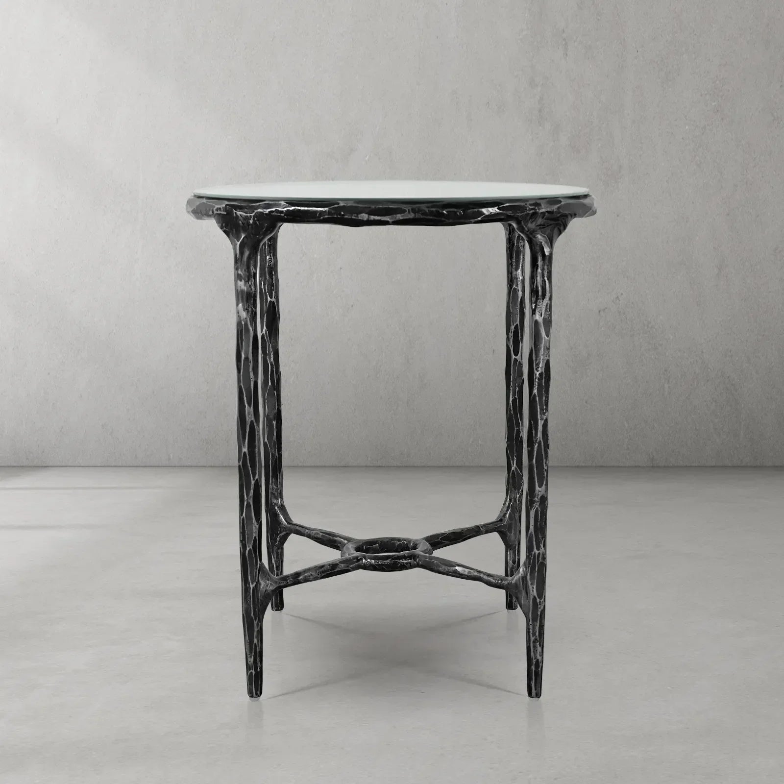 Hand-Forged Metal Glass Round Side Table 18" 22"
