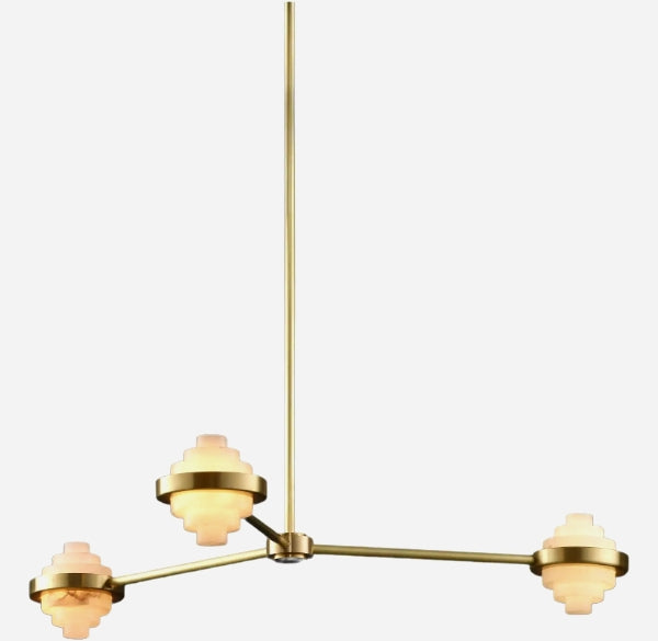 Iris Three Arms Linear Brass and Alabaster Pendant Light