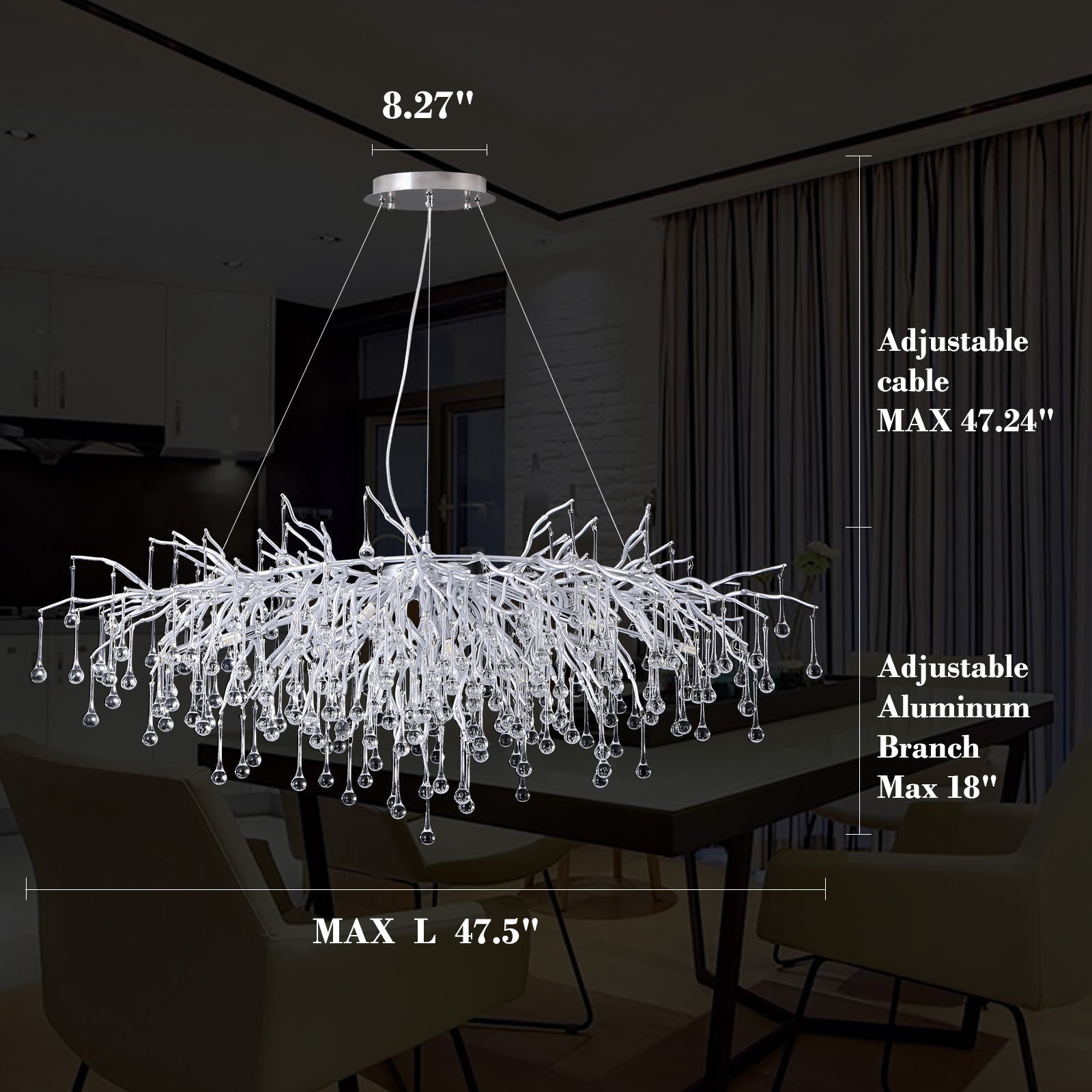 Doris Rectangle Branch Chandelier 45"L Silver-Vancei