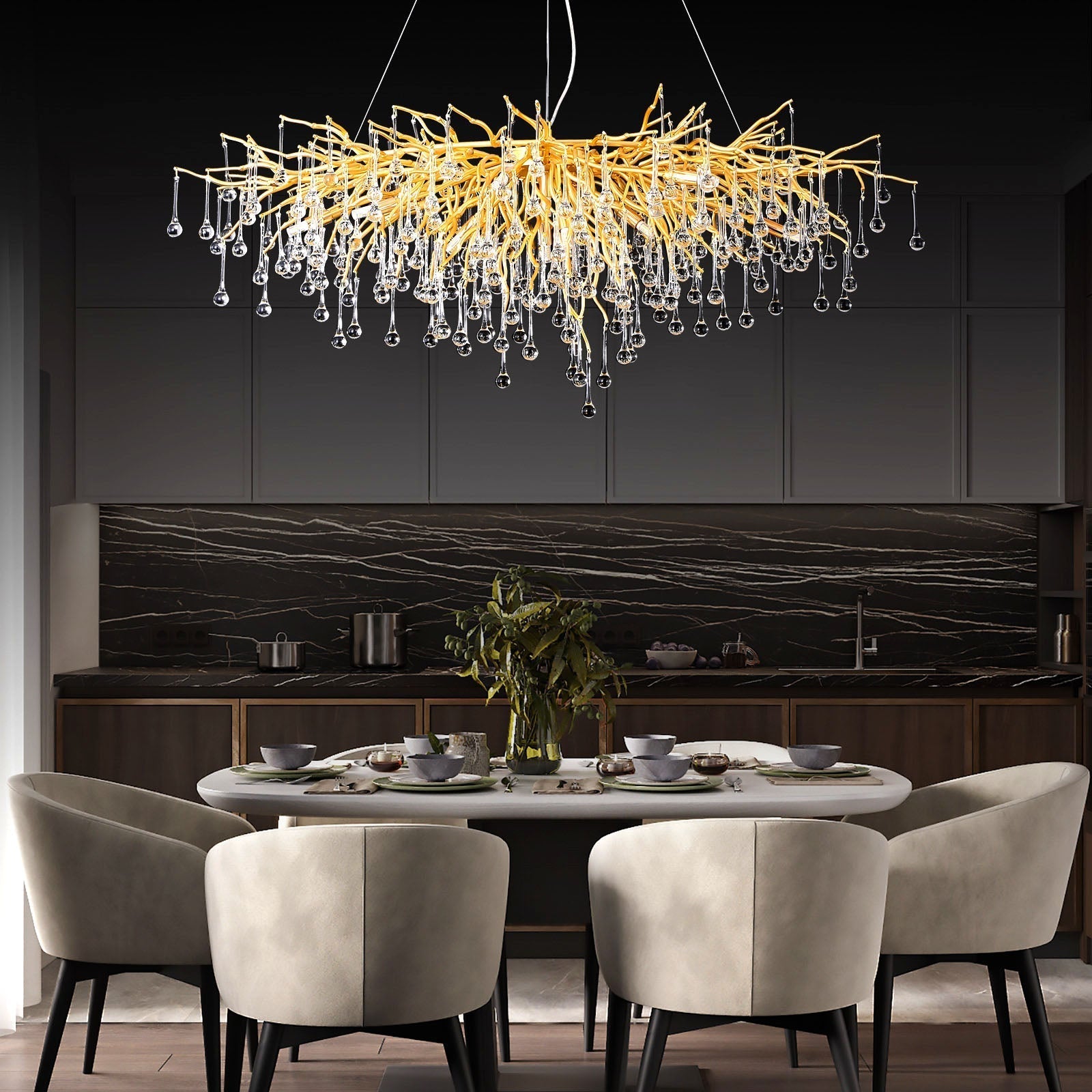 Doris Crystal Rectangular Branch Chandelier L45"-Vancei